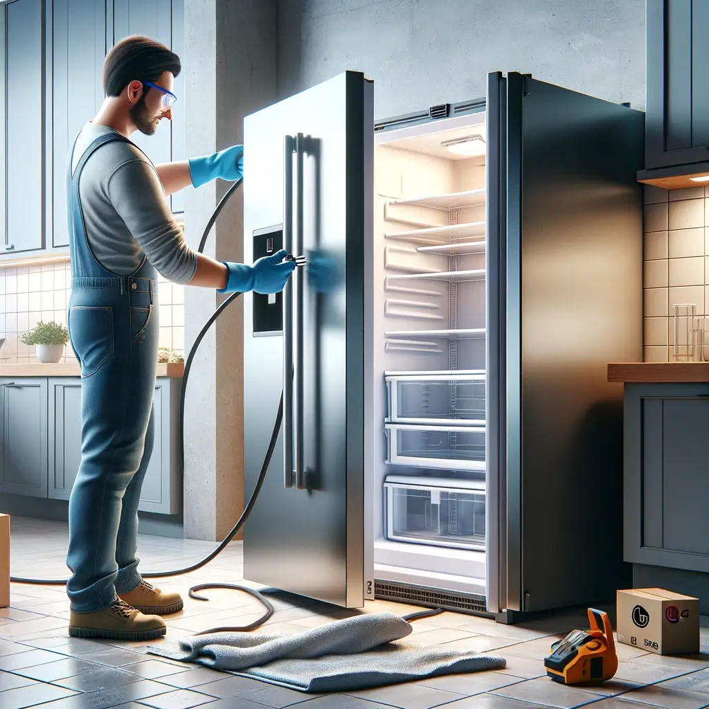 Image of a person is following safety precautions before starting the door removal process. They're unplugging a large, sleek LG refrigerator, with the plug visibly detached from the wall socket to emphasize safety. The refrigerator door is open, showing empty shelves, with a large towel spread on the floor in front of it. A helper stands nearby, ready to assist, depicting the importance of teamwork. This image captures the moment of preparation, highlighting the critical steps of unplugging the appliance and emptying it before beginning the work.