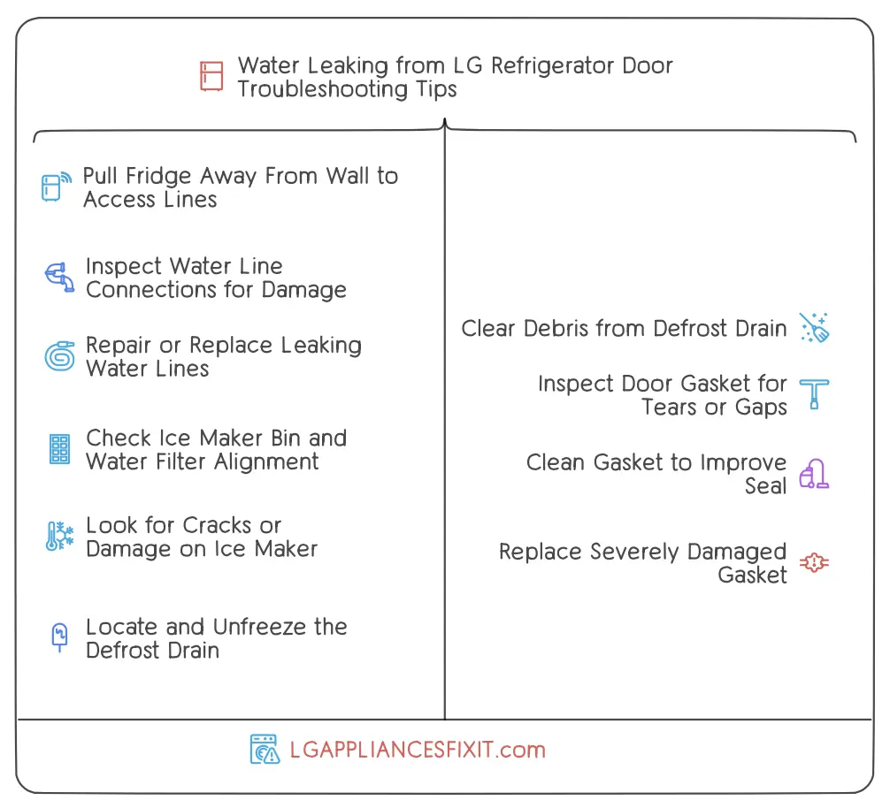 A troubleshooting guide for a leaking LG refrigerator door, including steps on how to inspect the water line connections, clear the defrost drain, and check the door gasket for tears or gaps.