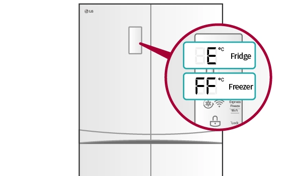 Illustration of an LG refrigerator with a digital display, lock, and text labels for the fridge and freezer compartments.