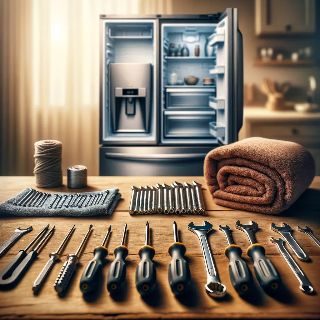 Imagine a neatly organized workspace on a wooden table, showcasing an array of tools needed for removing the doors from an LG refrigerator. In the center, there's a Phillips head screwdriver, a flat-head screwdriver, and a set of wrenches, all gleaming under the soft light. To the side, a pair of protective gloves lay folded, next to a soft, plush towel rolled up, and a thick blanket folded neatly. The background subtly fades into a soft, out-of-focus kitchen setting, emphasizing the preparation for a careful, damage-free door removal process.