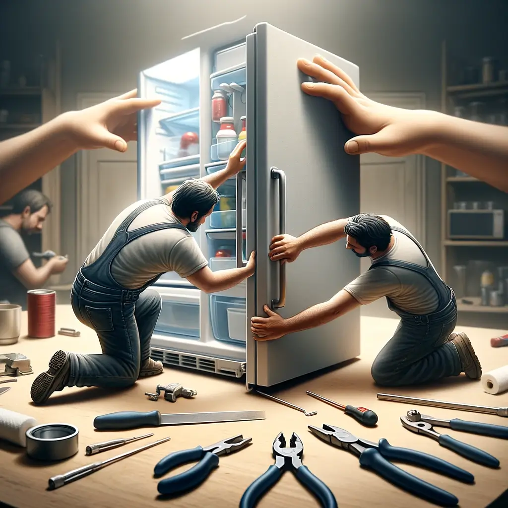 where the refrigerator door is being carefully aligned and reattached to the LG refrigerator. The image shows two people working together, one guiding the door onto the lower hinge pin while the other is ready to secure the top hinge. The focus is on their hands positioning the door correctly, with tools nearby on a workbench, indicating readiness for tightening and securing. The background softly blurs, drawing attention to the teamwork and precision involved in reattaching the door.