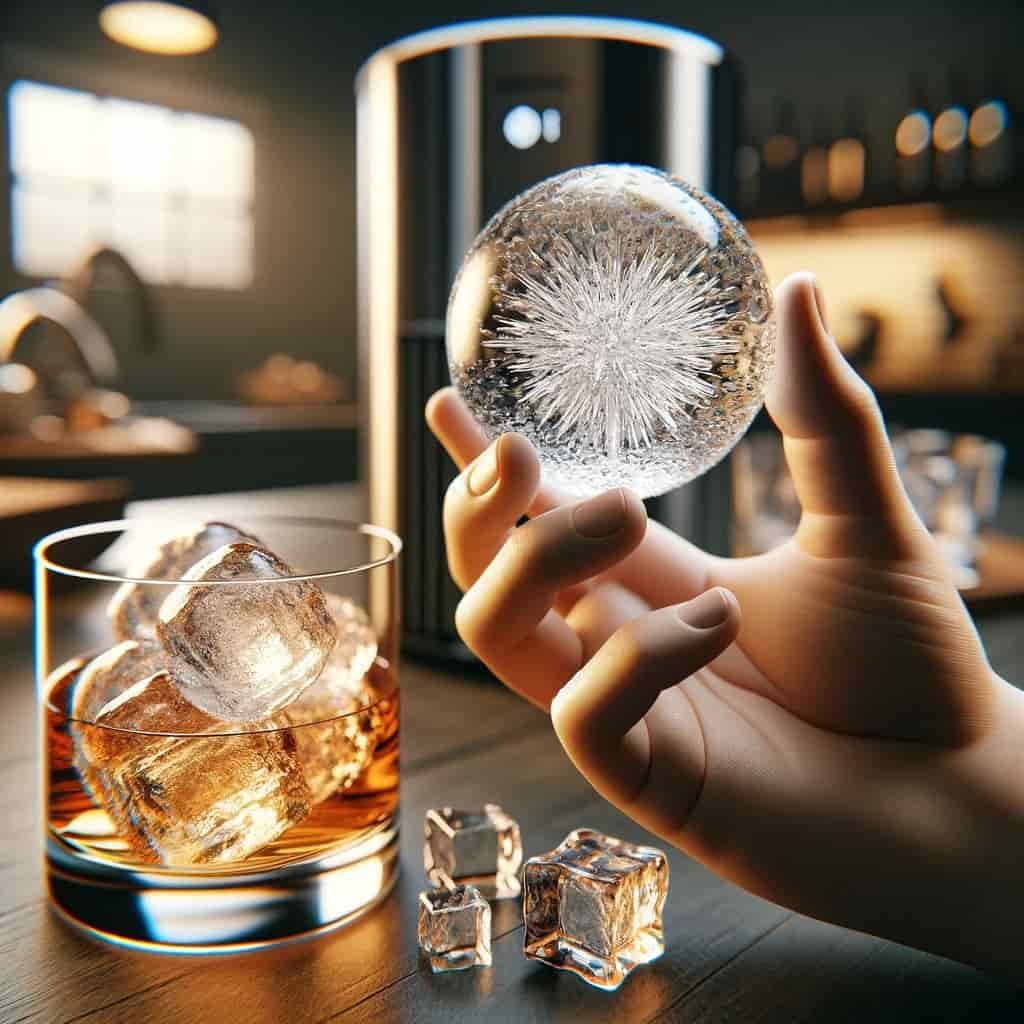 Close-up of a hand holding an ice ball next to a glass of whiskey.